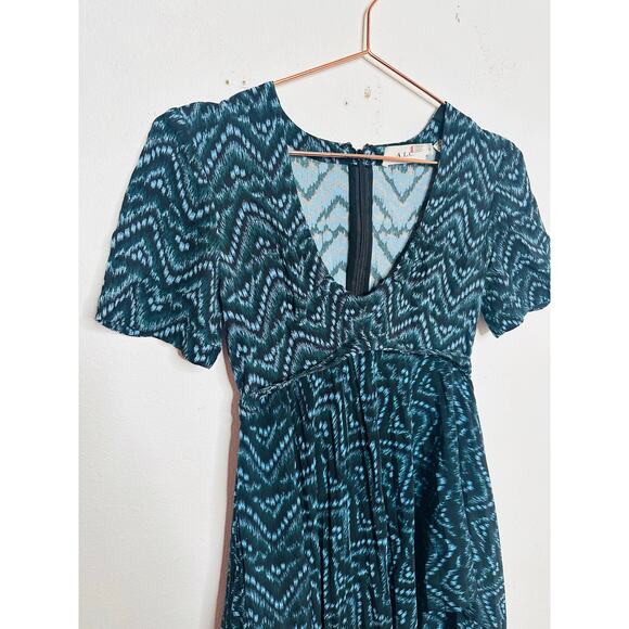 A.L.C. Blue Black Printed 100% Silk Scoop Neck Tiered Skirt Kylia Dress size 0 - Picture 4 of 16